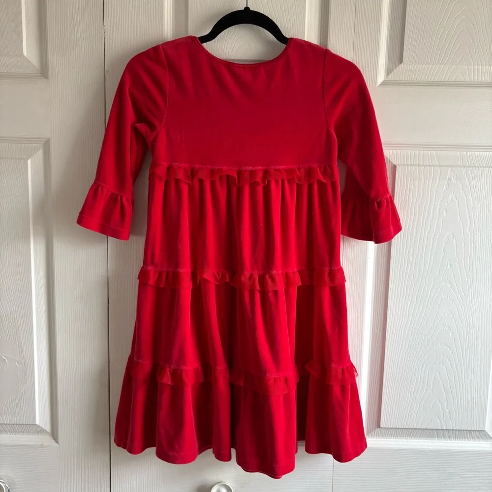 Hanna Andersson Velour Dress 130 8 Red Bell Sleeve Flutter Holiday Tulle Festive
